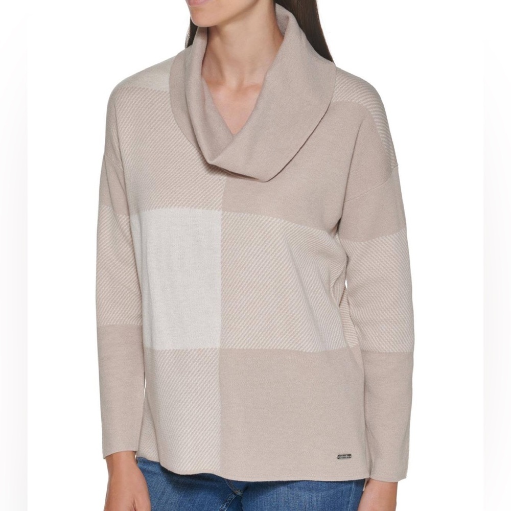 Calvin Klein Plaid Cowl Neck Pullover Sweater - Large